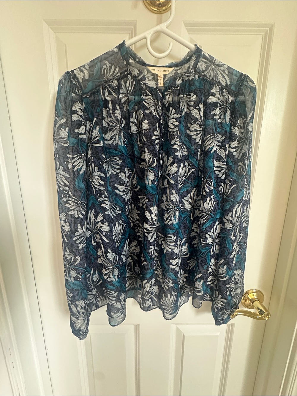 Rebecca Taylor Navy and Teal Floral Long-Sleeve Blouse